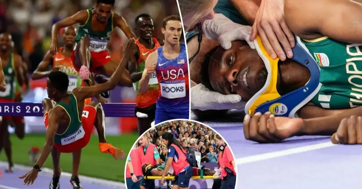 Olympic runner Lamecha Girma’s neck brace and steeplechase fall